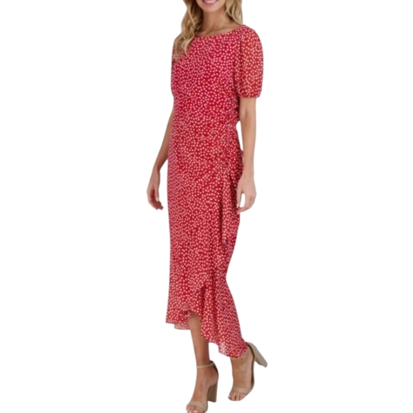 Julia Jordan Ruffle Trim Red Polka Dot Midi/Maxi Dress Size 12 - Picture 1 of 10